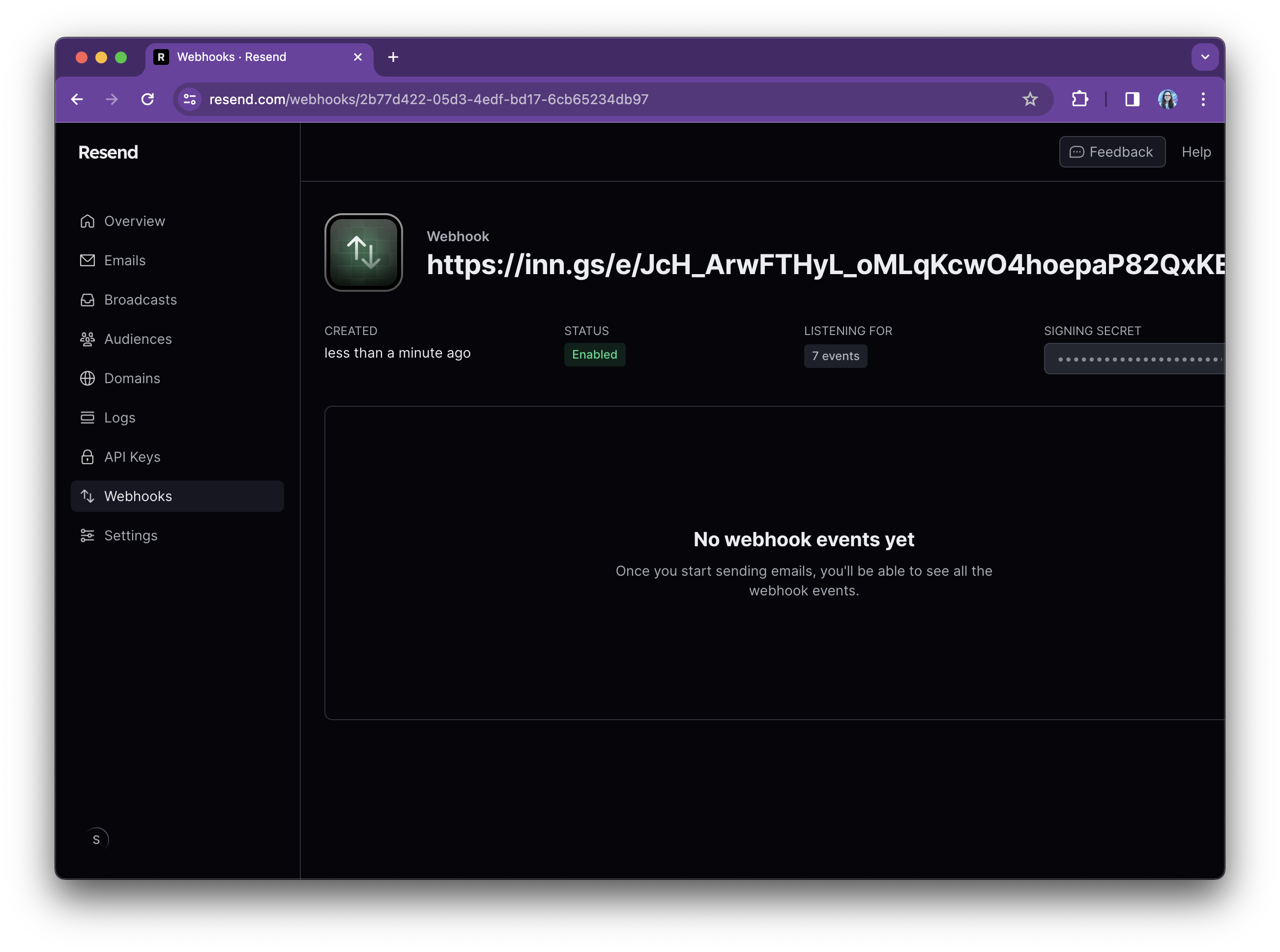 The webhook page on the Resend dashboard now featuring one connected webhook. A message reads: "No webhook events yet"